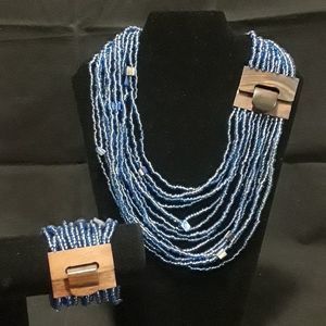 Sapphire blue glass seed bead necklace & bracelet set